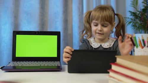 Child Girl Studying Homework Distance Education on Tablet Webcam Online Lesson at Home Green Screen
