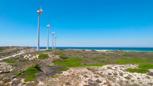 Wind Turbines Along Scenic Coastline on Sunny Day