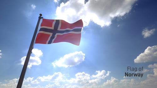 Waving Norwegian Flag on Blue Sky with Bright Sun