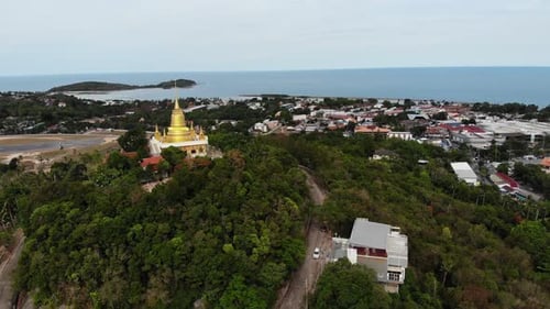 Classic Buddhist Temple Between Forest. From Above Drone View Buddhist Monastery Between Green Trees