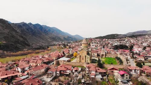 Rising Aerial View Svetitshoveli Cathedral In Mtskheta