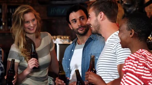 Smiling Friends Enjoying Drinks at a Bar