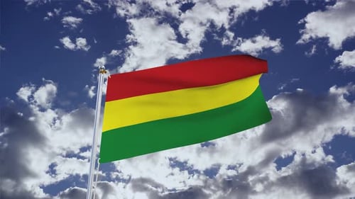 Realistic Red Yellow Green Striped Flag Waving in Blue Sky