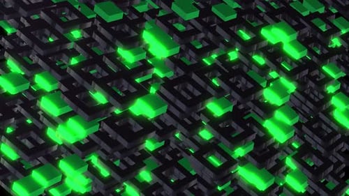 Pulsating Green Cubes on Animated Geometric Grid