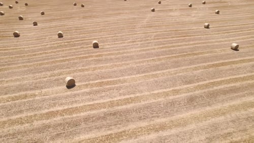 Aerial View of Straw Bales in a Harvested Field