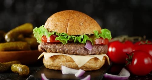 Delicious Hamburger Close-up with Fresh Ingredients