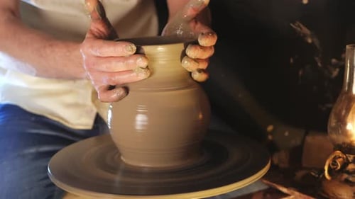 Man Makes Jug in Pottery Workshop Clay Product Authentic Atmosphere Background Footage
