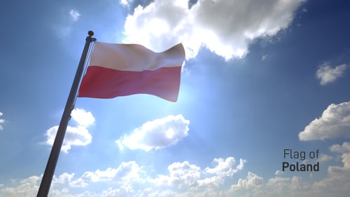 Realistic Poland Flag Waving in Sunny Blue Sky