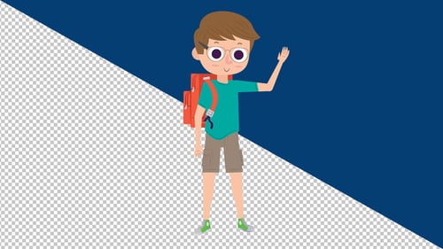 Flat Design Animated Boy Waving with Backpack