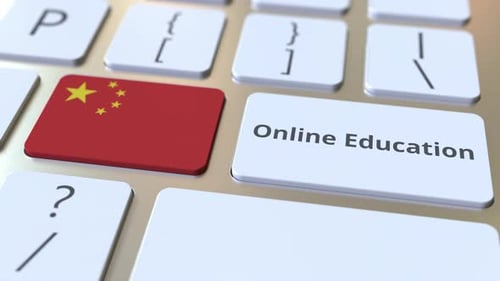 Online Education Button Press with Chinese Flag on Keyboard