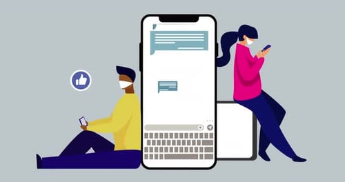 People in face masks using electronic devices with screen