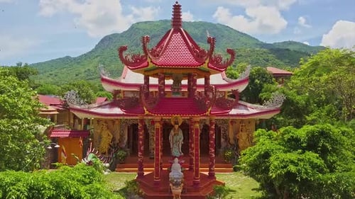 Drone View Old Pagoda Entrance Against Hills Blue Sky