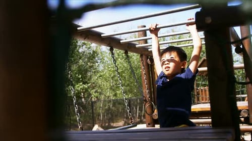 Schoolboy playing on monkey bar in playground