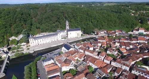 Aerial view of Benedictine Abbey of Brantome and river, France