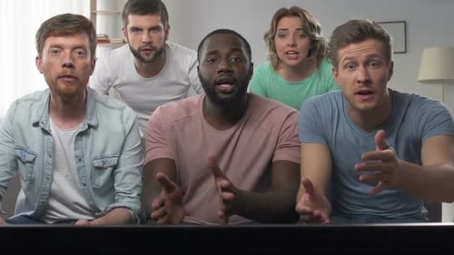 Five Friends Watching TV and Celebrating at Home