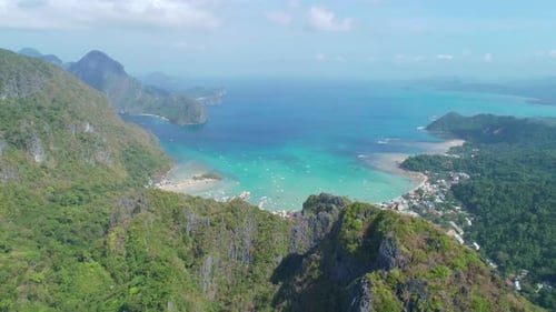 Aerial Drone View Over Mountain Tropical Lagoon Background Sunny Day