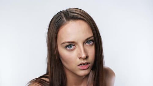 Face Sight Turn Attractive Woman Looking at Camera Serious Closeup Background