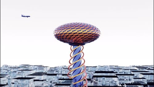 Arquitectura futurista con un avión volando por encima de edificios