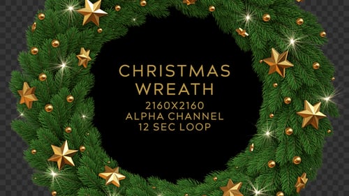 Animated Christmas Wreath with Sparkling Stars and Alpha Channel