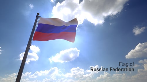 Waving Russian Flag in a Bright Sunlit Blue Sky