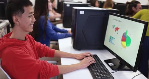 Young multiracial students using computer inside colle school classroom