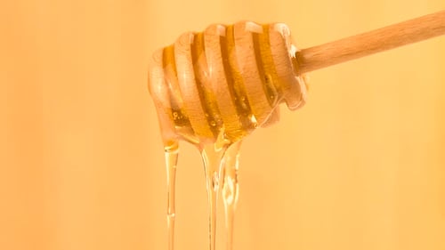 Honey dripping from wooden dipper