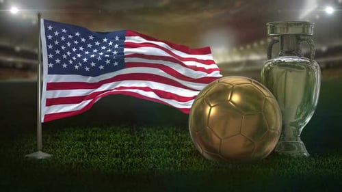 USA Flag Waving with Golden Soccer Ball and Silver Trophy