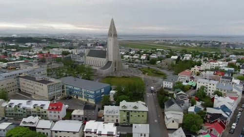 Aerial footage of Hallgrimskirkja church in Reykjavik, Iceland