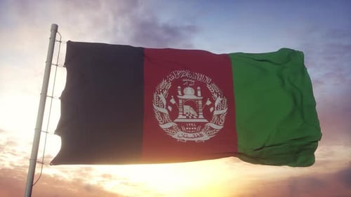 Afghanistan Flag Waving In Sunset Sky