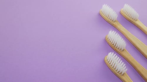 Bamboo Toothbrushes on Lavender Background with Rainbow Brush