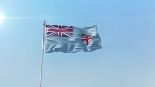Realistic Fiji Flag Waving in Sunny Blue Sky