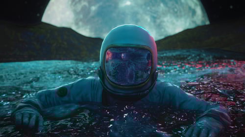 Astronaut Submerged in Glowing Liquid Under Giant Moon