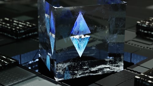 Futuristic Blue Pyramid Hologram Inside Transparent Glass Cube