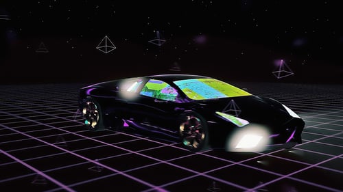 Futuristic Sports Car Driving on Neon Grid in Space