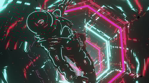 Futuristic Astronaut Floating in Neon Hexagon Sci-Fi Tunnel