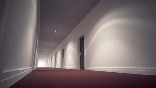 Mystery empty hotel corridor with red carpet, white walls and wooden doors.