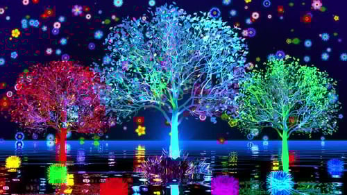 Vibrant Glowing Fantasy Trees Reflected in Water