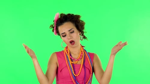Woman Expressing Heat in Pink Dress on Greenscreen