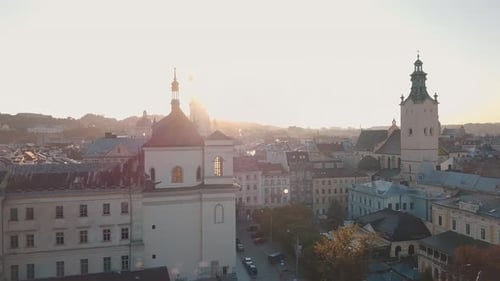 Aerial City Lviv, Ukraine. European City. Popular Areas of the City. Town Hall