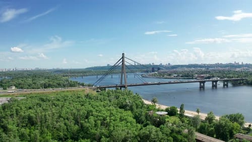 Aerial View of North Bridge in Kyiv Ukraine at Sunny Summer Day
