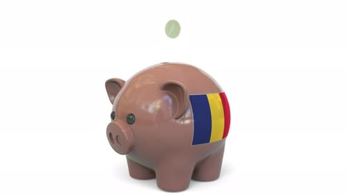 Putting Money Into Piggy Bank with Flag of Romania