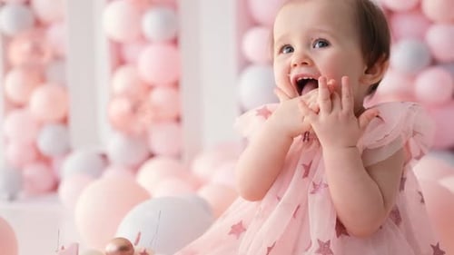 Baby Girl Eating Cake Surrounded by Balloons