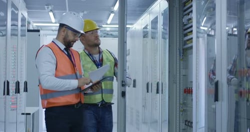 Ingénieurs travaillant avec des équipements électriques sur la station