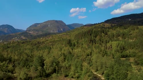 steep green mountains, deep forest and mountain road, beautiful valley