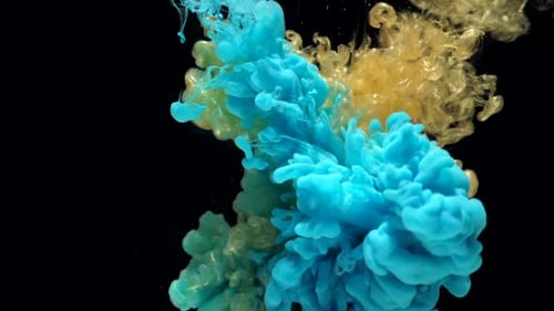 Abstract Blue and Gold Paint Flowing on Black