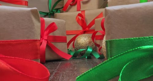 Festive Wrapped Gifts with Red and Green Ribbons