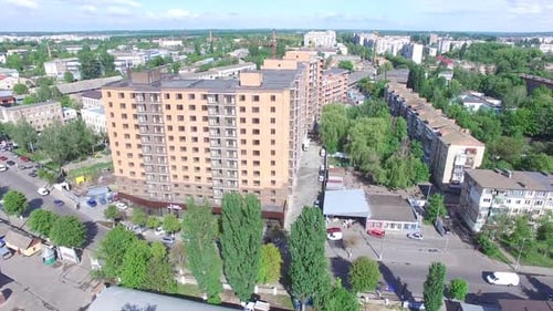 Facade Of A Multi-Storey Building. Aerial shot of the new apartments buildings exterior