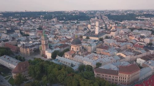 Aerial City Lviv, Ukraine. European City. Popular Areas of the City. Town Hall