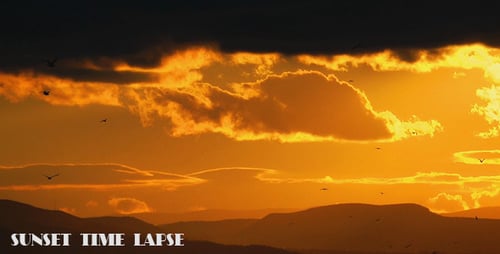 Golden Sky with Mountains and Birds at Sunset