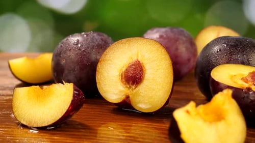Fresh Plums on Wooden Table in Summer